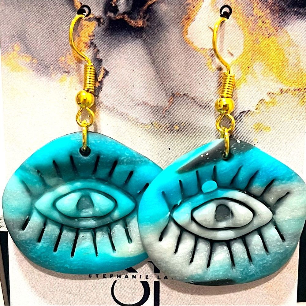 NEW Evil Eye Marbled Polymer Clay Dangle Earrings